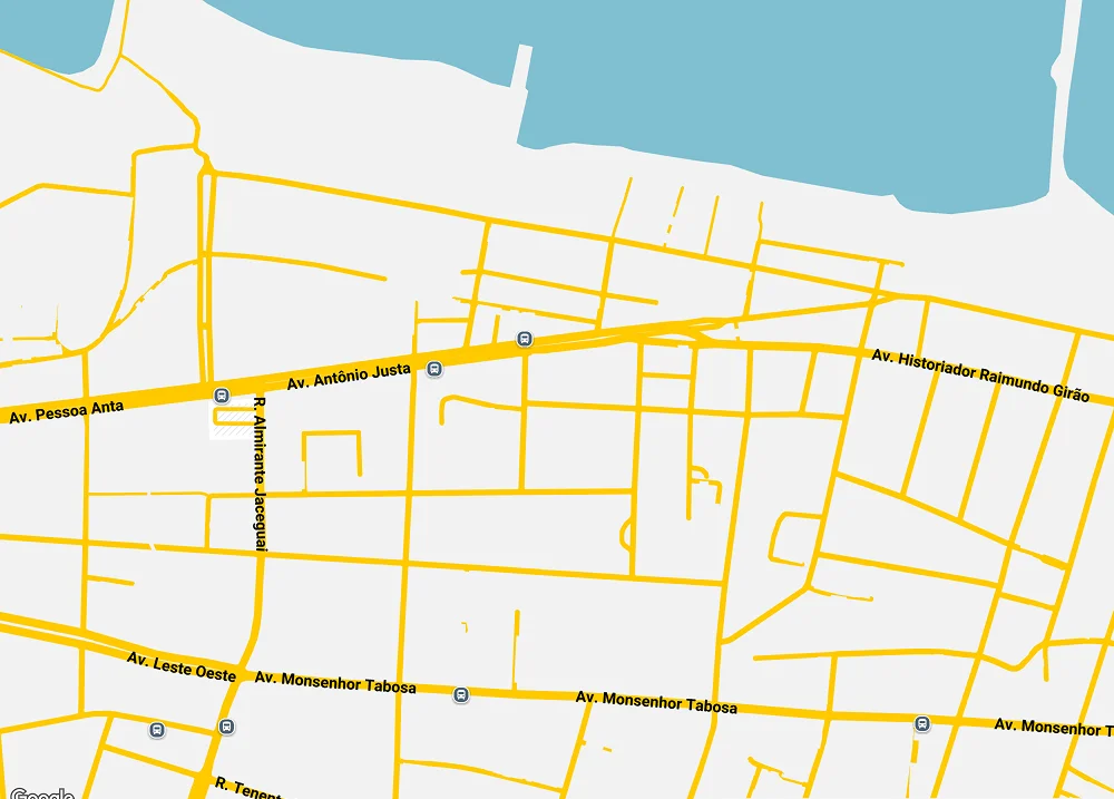 Mapa esquemático das ruas de Fortaleza em tons de amarelo e branco, destacando as avenidas Pessoa Anta, Almirante Jaceguai e Monsenhor Tabosa, próximo à região portuária.
